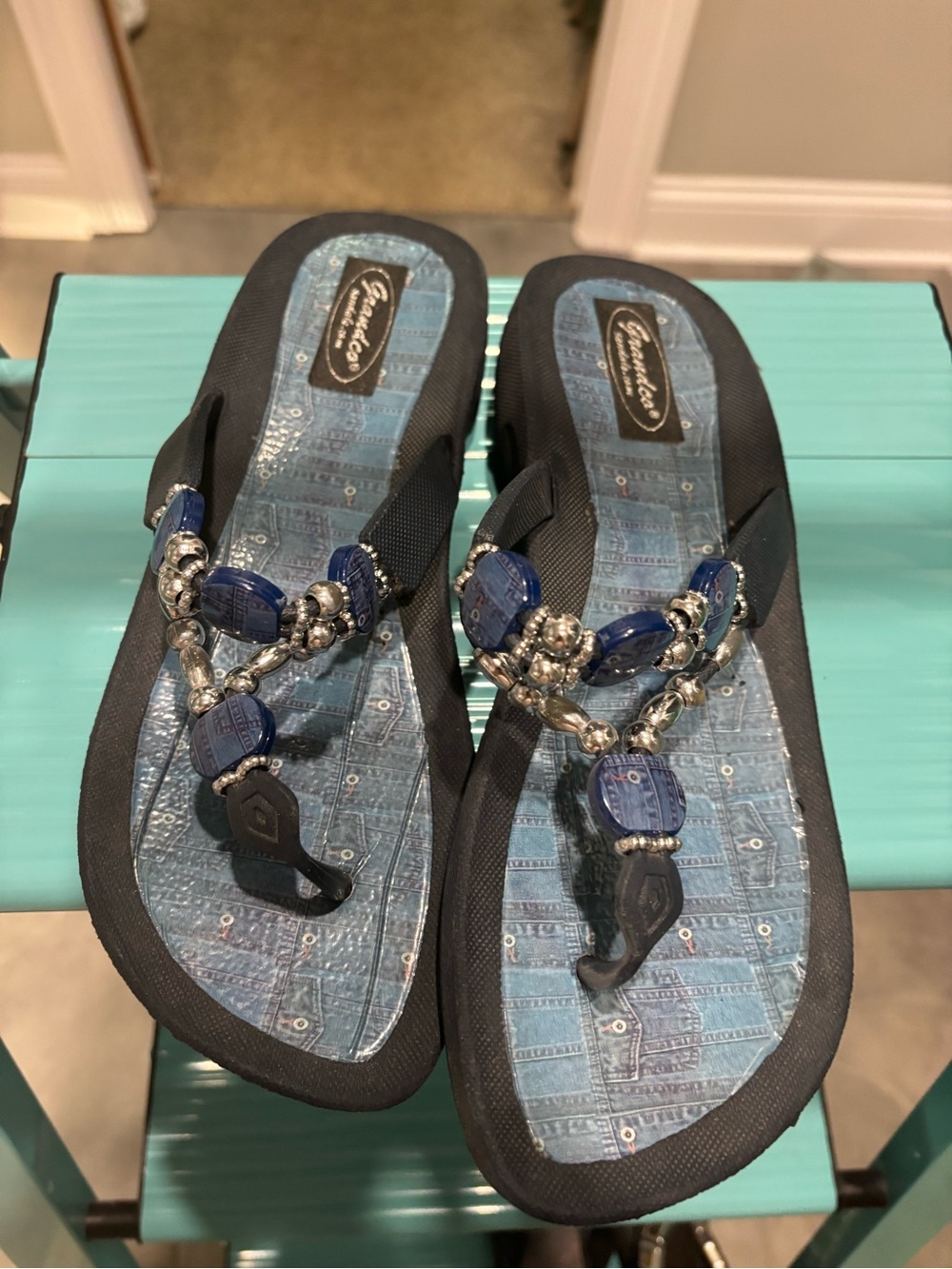 Women's Beaded Navy Flip Flop Sandals - Casual Chic